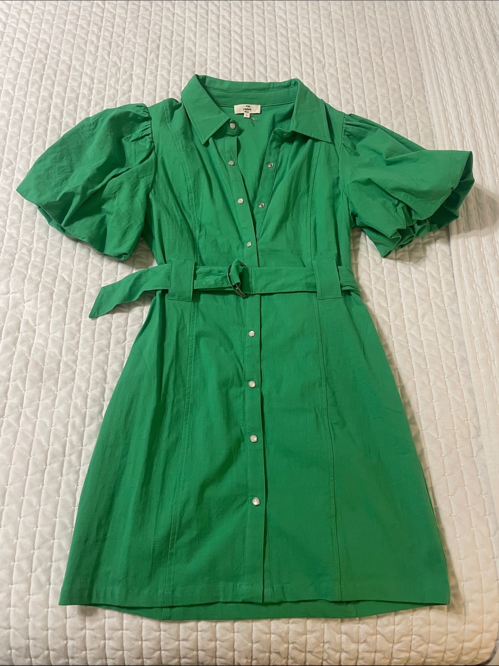 Belted Puff-Sleeve Mini Shirt Dress in Green